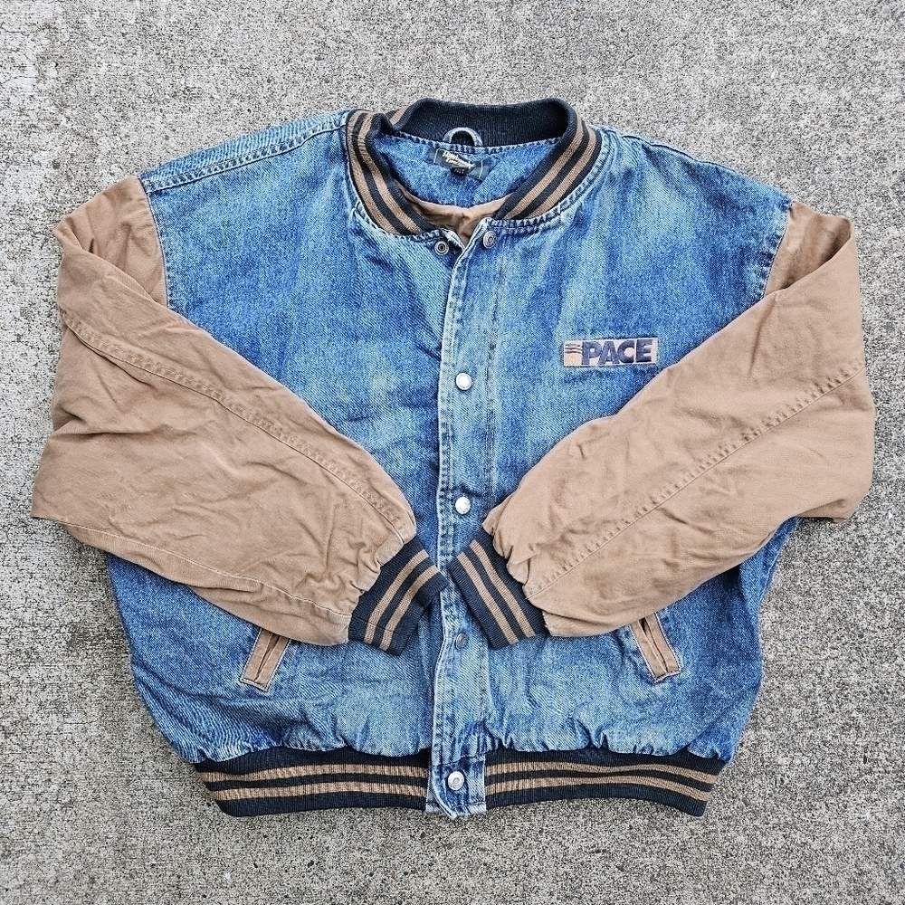 VTG 90s Dunbrooke Pace Denim Varsity Bomber Trucker Jacket Blue Tan Mens Size XL - Picture 14 of 16